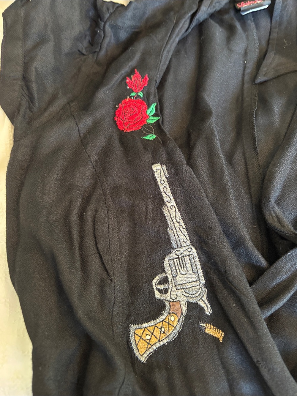 Lucky 13 Black Western Guns and Roses Embroidered Short Sleeve Wrap Dress XS - Picture 9 of 13